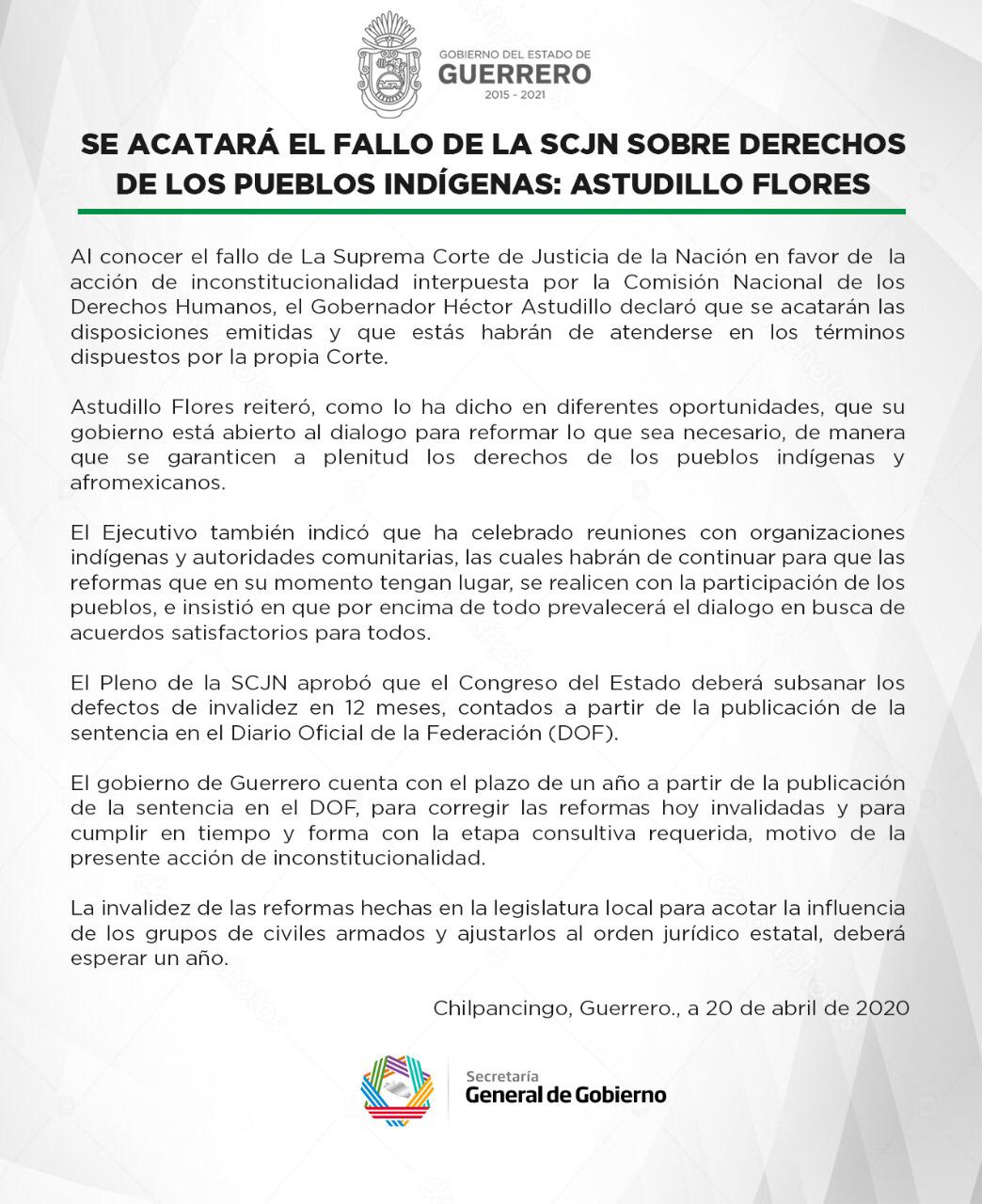 SE ACATARÁ EL FALLO DE LA SCJN SOBRE DERECHOS DE LOS PUEBLOS INDÍGENAS: ASTUDILLO FLORES  